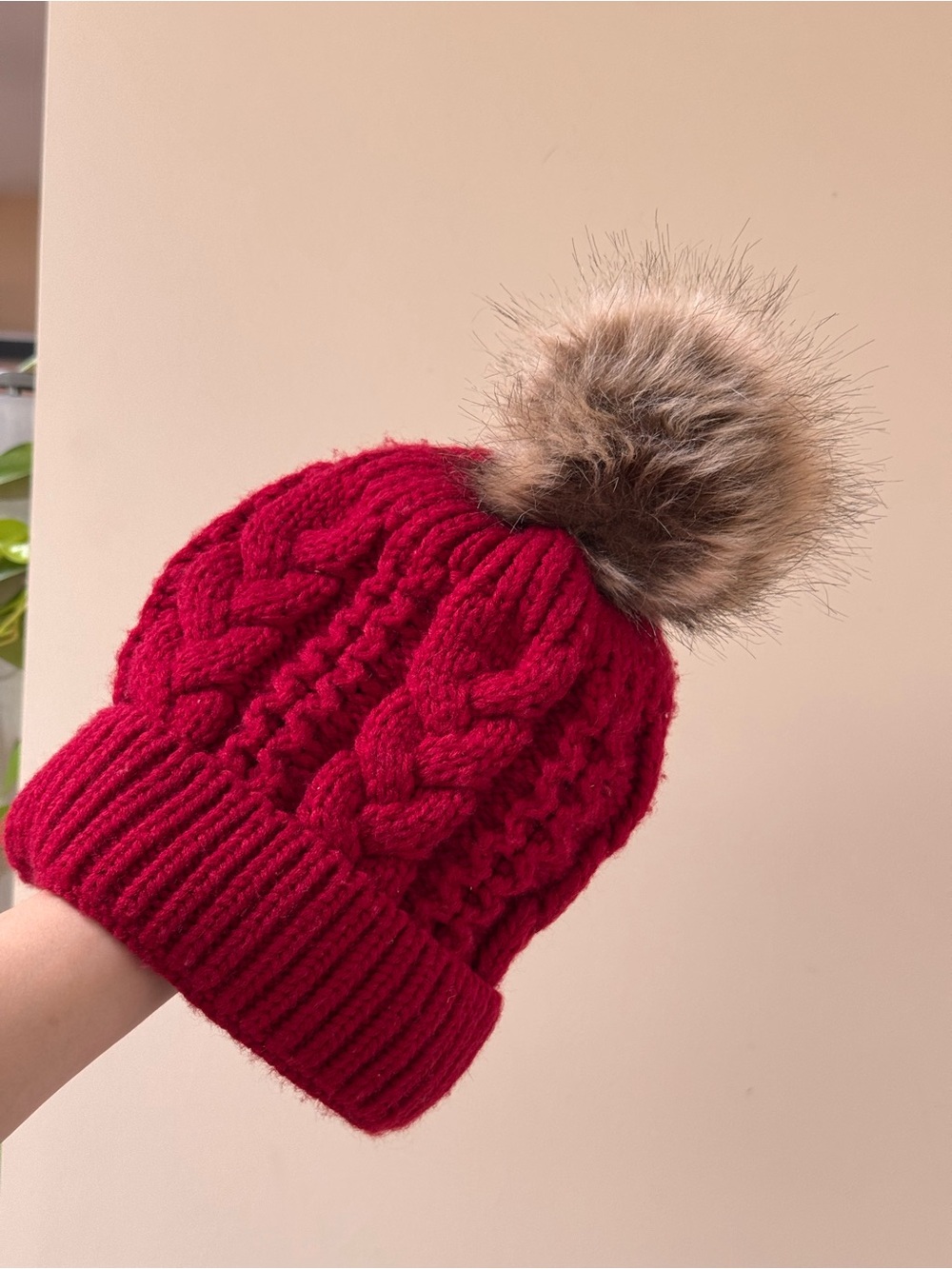 Red Cable Knit Pom Pom Beanie - Unbranded